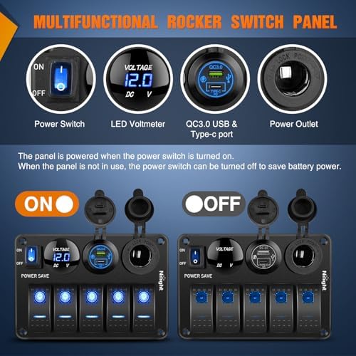 Nilight 5 Gang Rocker Switch Panel Toggle Power Control 12V 24V Pre-Wired