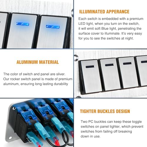 Nilight 2 Gang Rocker Switch Panel 3 Pin On Off Pre-Wired Blue LED