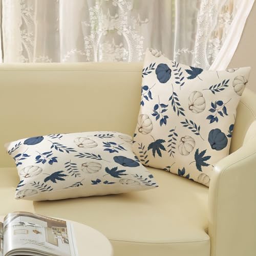 Fall Pillow Covers 20x20 Inch Set of 2 Navy Blue Pumpkin Maple Leaf Pillowcase for Home fall Decor Linen Throw Pillow Covers Autumn Thanksgiving Decorations Outdoor Cushion Case for Couch Sofa - Image 4