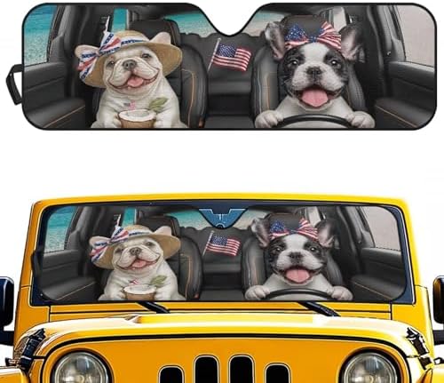 Renewold Front Windshield Sunshade for Gladiator JT Car Window Sun Shades for Jeep Wrangler Funny Pug Driving Blocks Heat Sunlight UV Outdoor Sun Visor Shield Cover Easy Install Interior Accessories