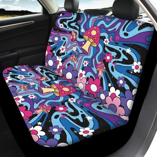 Trippy Mushroom Car Accessories Colorful Wavy Swirl Daisy Groovy Hippy Floral Print Car Front & Rear Seat Covers for Women 70s 80s Flower Aesthetic Auto Split Bench Protector Covers 4pcs