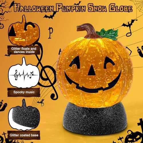 Halloween Snow Globe Lantern Pumpkin Lighted Halloween Snow Globes Battery Operated or USB Powered with 6H Timer Musical Snow Globe Glitter for Spooky Party Home Table Decorations (Pumpkin) - Image 2