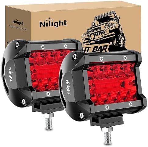 Nilight 4 inch LED Light Pod Red Triple Row 2PCS 60W Flood Spot Combo Driving Fog Lights Fishing Hunting Emergency Safety Signal Deck Trailer Lighting for UTV Pick-up Van Boat Tractor