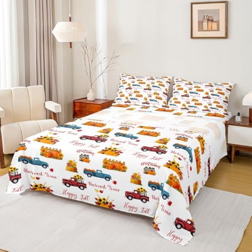 Happy Fall Bedding Set For Kids Queen Plaid Pumpkin Truck Bed Sheets Thanksgiving Harvest Season Sheet Set Autumn Sunflower Harvest Time Fitted Sheet Red Blue Orange Flat Sheet + 2 Pillow Cases by Erosebridal