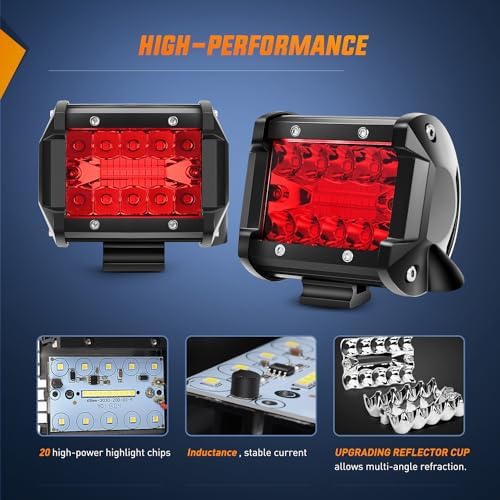 Nilight 4 inch LED Light Pod Red Triple Row 2PCS 60W Flood Spot Combo Driving Fog Lights Fishing Hunting Emergency Safety Signal Deck Trailer Lighting for UTV Pick-up Van Boat Tractor