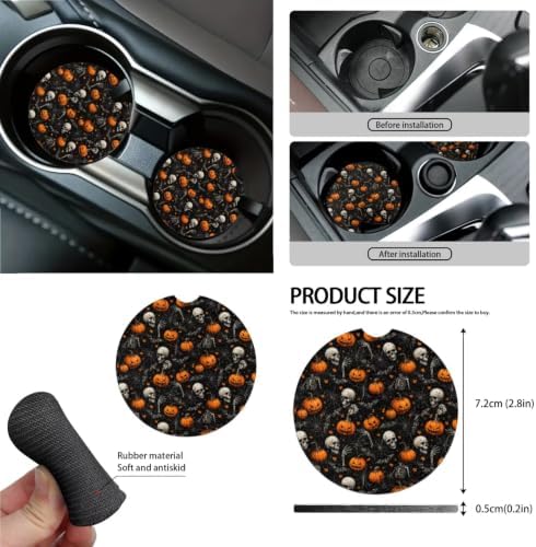15Pcs Car Seat Cover Full Set Car Steering Wheel Cover Seat Belt Cover Trash Bin Air Vent Storage Box Front Rear View Mirror Car Cup Holder Keychain, Halloween Gothic Pumpkin & Skull