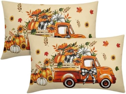 Fall Orange Truck Throw Pillow Covers 12x20 Set of 2 Buffalo Plaid Pumpkin Sunflower Thanksgiving Pillow Covers Plaid Bow Maple Leaves Pillowcase for Kitchen Sofa Cushion Outdoor Bedroom Decoration - Image 2