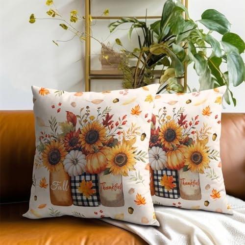 Autumn Sunflowers Vase Throw Pillow Covers 22X22 Inches Set of 2 Fall Thankful Pumpkin Maple Leaves Pillowcase Soft Cotton Square Cushion Covers for Home Sofa Patio Bedroom Decoration - Image 7