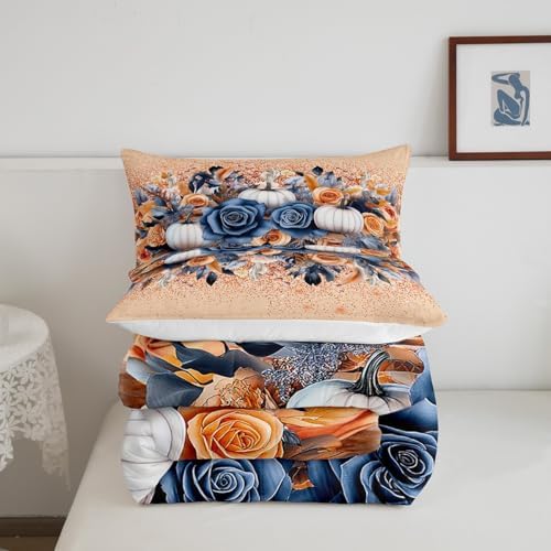 Homewish Fall Pumpkin Comforter Set Queen Size Vintage Flower Leaves Bedding Set Colorful Boho Glitter Quilt Set Kids Girls Woman Adult Room Decor Rustic Farmhouse Botanical Duvet Insert,Orange 3Pcs - Image 5