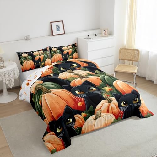 Erosebridal Black Cat Pumpkin Bedding for Youth Teenagers Happy Festival Bedding Comforter Sets, Kids Newborn Pumpkin Decor Comforter Set Magical Black Cat Quilt 3Pcs Queen, 1 Comforter 2 Pillowcases - Image 4