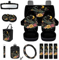 Dragonfly Roses Floral Moon Print Car Seat Cover Sets Steering Wheel & Seat Belt Cover Trash Bin Air Vent Storage Box Front Rear View Mirror Cup Holder Keychain 15Pcs Car Accessories