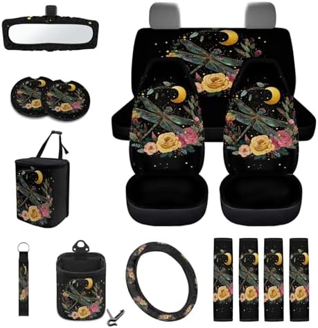 Dragonfly Roses Floral Moon Print Car Seat Cover Sets Steering Wheel & Seat Belt Cover Trash Bin Air Vent Storage Box Front Rear View Mirror Cup Holder Keychain 15Pcs Car Accessories
