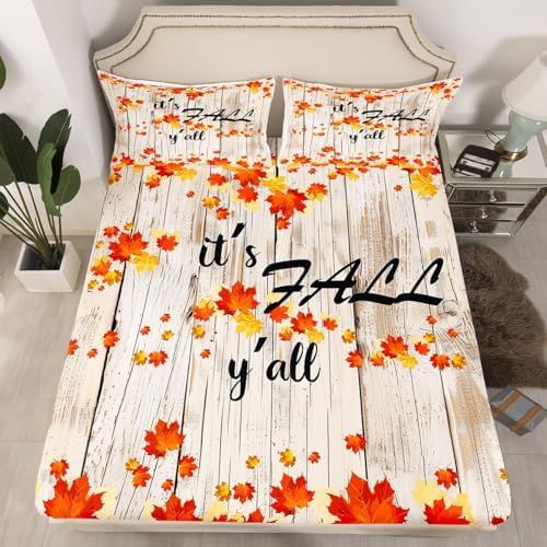 Fall Maple Leaves Sheet Set Twin Autumn Nature Botanical Bed Sheets Rustic Farmhouse Fall Bedding Set For Kids Adults Soft Breathable Fitted Sheet Orange Gold Beige Flat Sheet 1 Pillow Case - Image 3