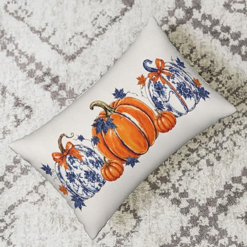 Fall Pillow Covers 12x20 Set of 2 Chinoiserie Blue and Orange Pumpkin Throw Pillows Autumn Thanksgiving Decorative Pillow Cases Harvest Outdoor Decor Linen Farmhouse Cushion Case for Couch Bed - Image 4