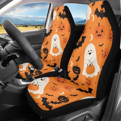Ghost 2 Pack Car Seat Covers Set, Halloween Ghost Bat Pumpkin Sedan Interior Accessory for Cars, Gothic Cute Monster Universal Auto Front Seats Protector Fits for SUV Truck