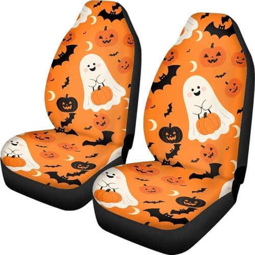 Ghost 2 Pack Car Seat Covers Set, Halloween Ghost Bat Pumpkin Sedan Interior Accessory for Cars, Gothic Cute Monster Universal Auto Front Seats Protector Fits for SUV Truck