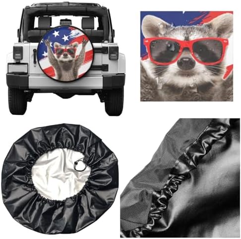Funny Raccoon Spare Tire Cover American USA Flag Wheel Tire Covers Waterproof Wheel Tire Protector Weatherproof Dust-Proof Tyre Covers Universal Fit for Truck SUV Trailer RV Car Travel 16 Inch