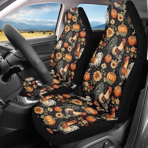 2 Pcs Chicken Harvest Pumpkin Car Seat Covers Interior Accessory Rooster Sunflowers Seat Covers for Car Front Seat,Anti Slip Easy to Install High Back Seat Protection Cushion for Women