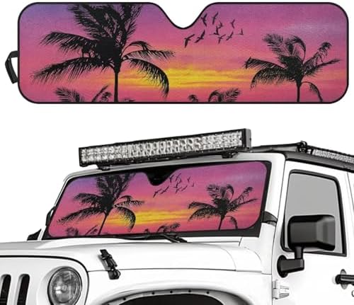 Renewold Windshield Sunshade for Jeep Wrangler JK JKU JL JLU 1997-2023 Car Front Window Sun Shield for Jeep Gladiator JT Block UV Glare Sunlight Sun Visor Tropical Coconut Birds Sunset Cover Sun Shade
