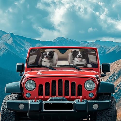 Renewold Automotive Windshield Sunshade for Jeep Wrangler JK JKU JL JLU 1997-2023 2/4 Door Gladiator JT Car Front Window Sun Visor Funny Border Collie Driving Blocks Sun UV Rays Sun Shade Cover Shield