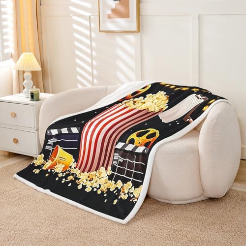Movie Theater Film Throw Blanket Vintage Cinema Popcorn Fleece Flannel Blankets Kids Boys Girls Room Decor Family Theater Bed Blankets for Bed Sofa Couch Black Yellow Red Plush Blanket Queen 90"x90" - Image 5