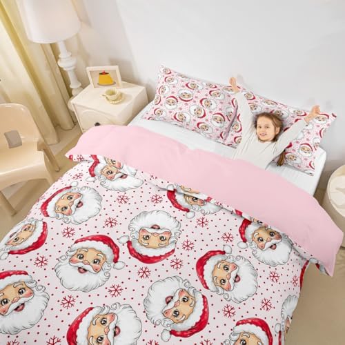 Cartoon Santa Claus Kids Duvet Cover Set Full Size,Snowflake Polka Dots Cute Bedding Set,Girls Boys Adults Room Decor,Merry Christmas Holiday Comforter Cover,Pink Romantic Quilt Cover,2 Pillowcases - Image 3
