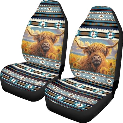 Aztec Car Accessories Seat Covers for Women Men, Highland Cow Front Car Seat Cover Universal Fits for Most Cars, SUV, Truck, Washable Bucket Seat Covers