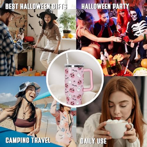 Halloween Tumbler 40oz Ghost Tumbler Spooky Bat Leak Proof Cups with Handle and Straw Insulated Water Bottle Coffee Travel Mugs for Halloween Decor Gifts for Women Goth Witchy (1PCS) - Image 7