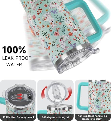 Easter Tumbler 40oz Bunny Floral Coffee Mugs Cute Spring Peeps Leak Proof Cups with Handle and Straw Stainless Steel Vacuum Insulated Water Bottle Easter Gifts for Rabbit Lover (1PCS) - Image 4