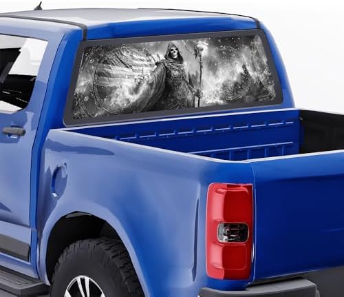 Retro Magical Skull Truck Back Window Graphics Decals, American Flag Grim Reaper Universal See Through Rear Window Vinyl Wrap Full Window Decals for Trucks SUV 66 x 22 inch