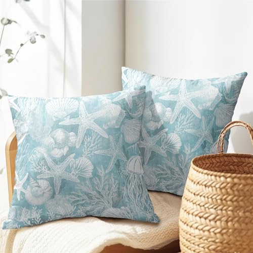 Summer Pillow Covers 22x22 Inch Set of 2, Teal Blue Throw Pillow Covers Ocean Beach Pillowcase, Coral Starfish Decorative Seasonal Cushion Case Couch for Indoor Outdoor Home Decor - Image 7