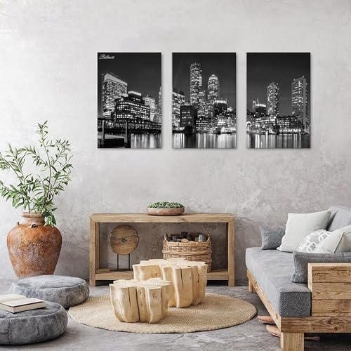 Baltimore Skyline Wall Art Black and White Night Maryland Skyscraper Pictures Prints Office Wall Decor USA Cityscape Canvas Painting Harbor City Panoramic Artwork for Bedroom Home Decoration 24x36" 3P - Image 4