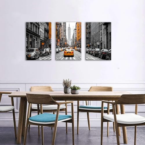 Black and White Nyc Wall Art Living Room Bedroom Wall Decor Cityscape Orange Taxi Framed Canvas Contemporary Street Car Poster Print City Photography Photo Man Bathroom Interior Decoration 24x36 3pcs - Image 4