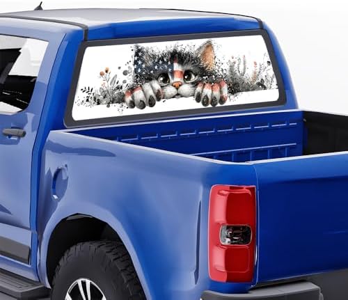 Cute Cat Rear Window Decals for Trucks, Cartoon Animal American Flag Window Decal Back Window Tint Graphic Perforated Vinyl Pickup Truck Stickers 66 x 22 inch