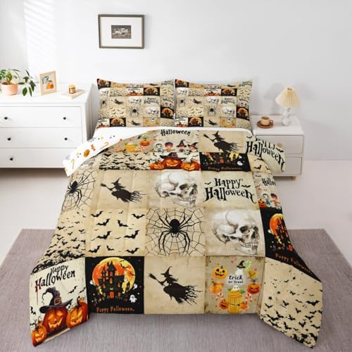 Homewish Happy Halloween Comforter Set King Size,Kids Pumpkin Lantern Witch Bat Skull Spider Web Bedding Set Brown Grid Patchwork Quilt Set Vintage Gothic Duvet Insert Boys Girls Bedroom Decor 3Pcs - Image 3