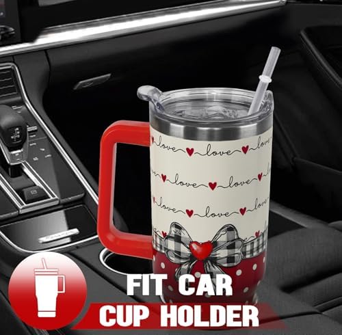 Valentines Tumbler with Handle 40 oz Red Bow Gifts Love Hearts Coffee Travel Mug Stainless Steel Insulated Cup Valentines Anniversary Wedding Birthday Gifts for Women - Image 6