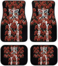 Black Red Rose White Skeleton Print Funny Halloween Car Floor Mats 4 PCS, Cute Durable Interior Accessories for Car SUV, All Weather Floor Mats with Front Rear Trunk Liners Set for Party