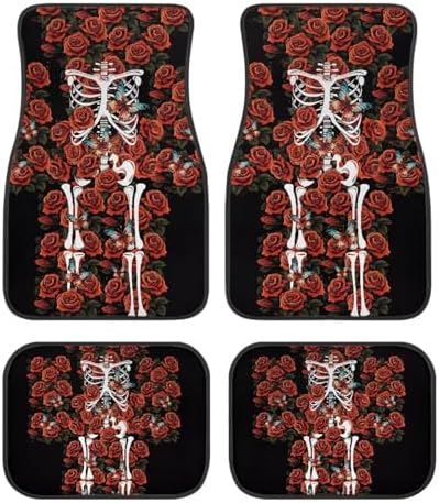 Black Red Rose White Skeleton Print Funny Halloween Car Floor Mats 4 PCS, Cute Durable Interior Accessories for Car SUV, All Weather Floor Mats with Front Rear Trunk Liners Set for Party