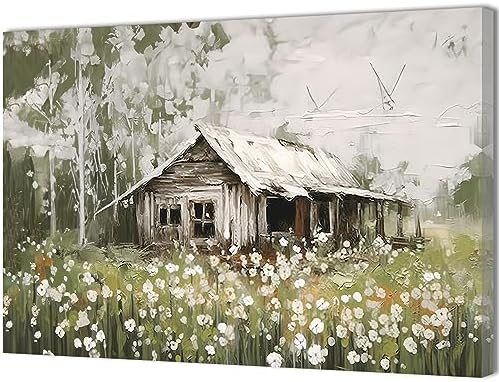 QIXIANG Farmhouse Old Barn Canvas Wall Art Vintage Rustic White Flower Landscape Pictures Prints for Living Room Bedroom Wall Decor (12.00" x 18.00", painting) by QIXIANG