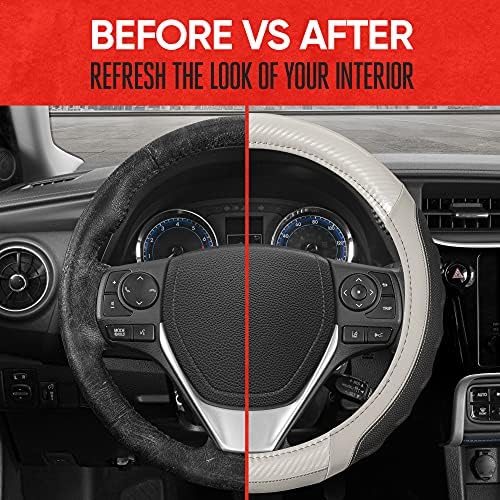 Motor Trend UltraSport White Carbon Fiber Steering Wheel Cover, Standard 15 inch Size, Black Faux Leather Comfort Grip, Car Steering Wheel Cover for Auto Truck Van SUV