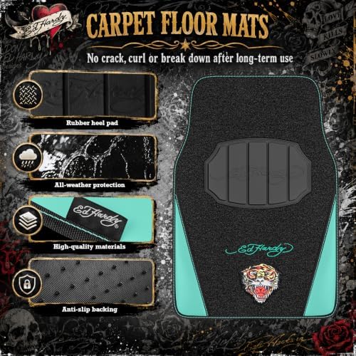 ED HARDY Tiger Print Car Floor Mats, Carpet Floor Mats with Green Leather Design, Automotive Car Mats with Built-in Heel Pad & Anti-Slip Backing, Fits Most Cars, SUVs & Trucks, Durable & Odorless