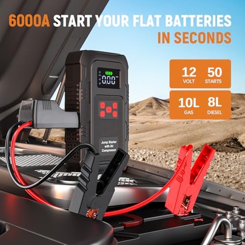 6000A Jump Starter with Air Compressor, Portable Car Battery Jump Starter with 150 PSI Tire Inflator for Up to 10.0L Gas and 8.0L Diesel Engines, 12V Jump Box with LCD Display - Image 3