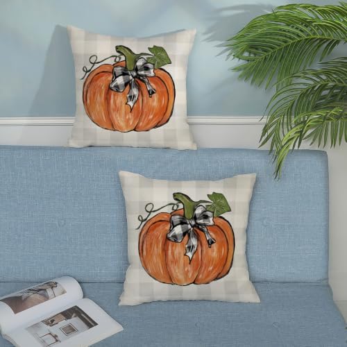Fall Orange Pumpkin Pillow Covers 18x18 Set of 2 Grey Buffalo Plaid - Image 4
