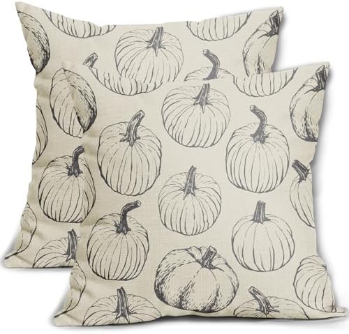 Grey Gray Pumpkin Fall Pillow Covers 16x16 Set of 2 Autumn Themed Thanksgiving Harvest Print Decorative Throw Pillows Outdoor Farmhouse Pillowcases Cushion Case Seasonal Decor for Couch Sofa Bed by Aytipun