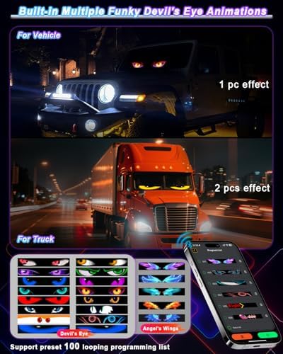 Super RGB LED Devil Eye Lights for Windshield 23"x5" [Advanced Chip, 100% Synced Dual Screen] Dynamic Flexible Programmable Custom LED Eyes Display for Car Truck Front Window with Remote & APP Control