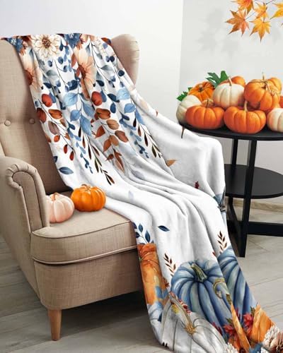 DecorLovee Orange Blue Pumpkins Fall Blanket 60"x80", Reversible Thanksgiving Throw Blanket for Couch/Bed, Floral Botanical Lightweight Soft Throw Blankets for Men, Warm Fuzzy Blankets for Winter - Image 3