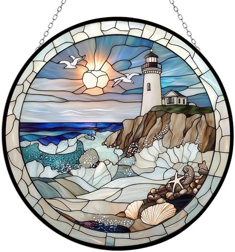 Coastal Lighthouse Stained Glass Suncatcher Window Hangings, Suncatchers Colorful Glass Panel Sun Catchers Gifts, Decoration for Home Garden Christmas Party Wedding by 365CUSGIFTS