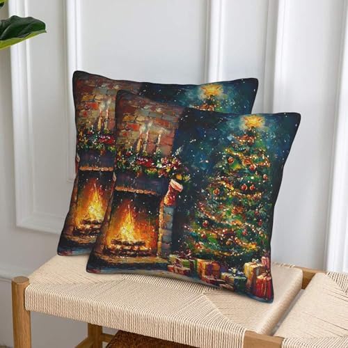 Christmas Tree and Fireplace Throw Pillow Covers 18x18 inch Set of 2 Xmas Pillow Case Cushion Cover for Home Sofa Couch Living Room Car Decor - Image 4