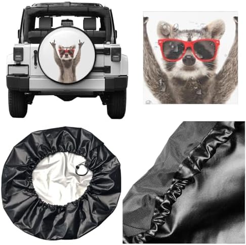 Funny Raccoon in Red Sunglasses Spare Tire Cover Wheel Tire Covers Weatherproof Wheel Tire Protector Waterproof Dust-Proof Tyre Covers Universal Fit for Trailer RV SUV Truck Off-Road Vehicle 14 Inch