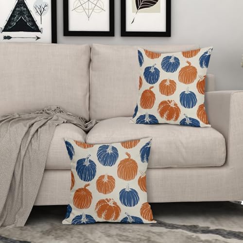 Blue Orange Pumpkin Fall Pillow Covers 20x20 Set of 2 Autumn Harvest Print Thanksgiving Decorative Throw Pillows Outdoor Farmhouse Cushion Case Seasonal Decor for Couch Sofa Bed - Image 3